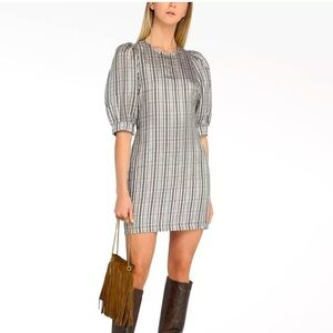 SAMSOE SAMSOE Gold Check Stripe 3/4 Puff Sleeve Celestine Back Button Dress XS